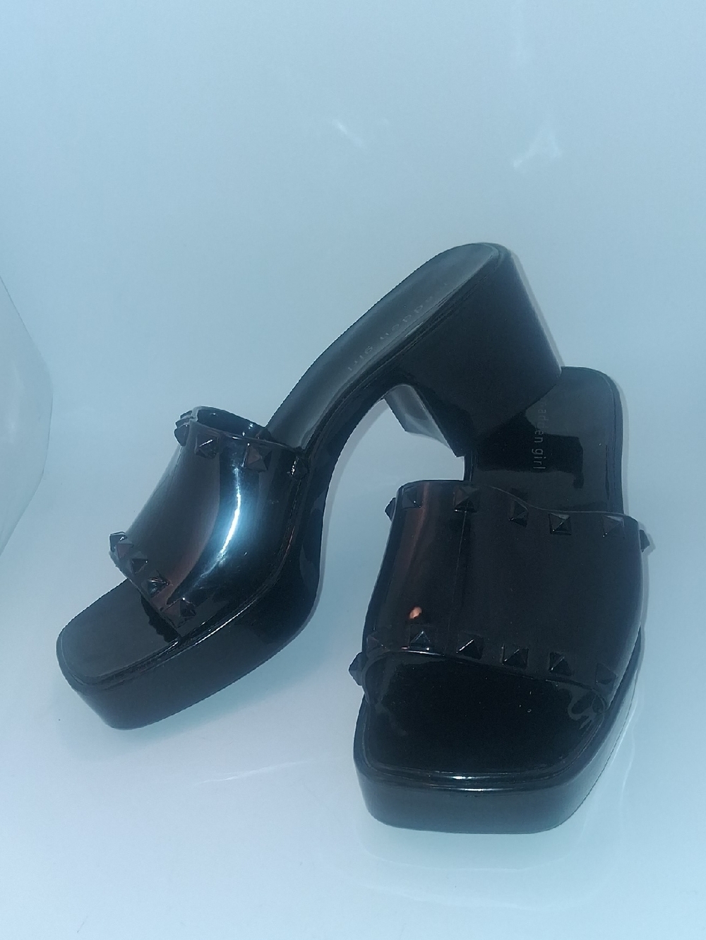 Madden Girl Black Patent Studded Platform Slide Sandals